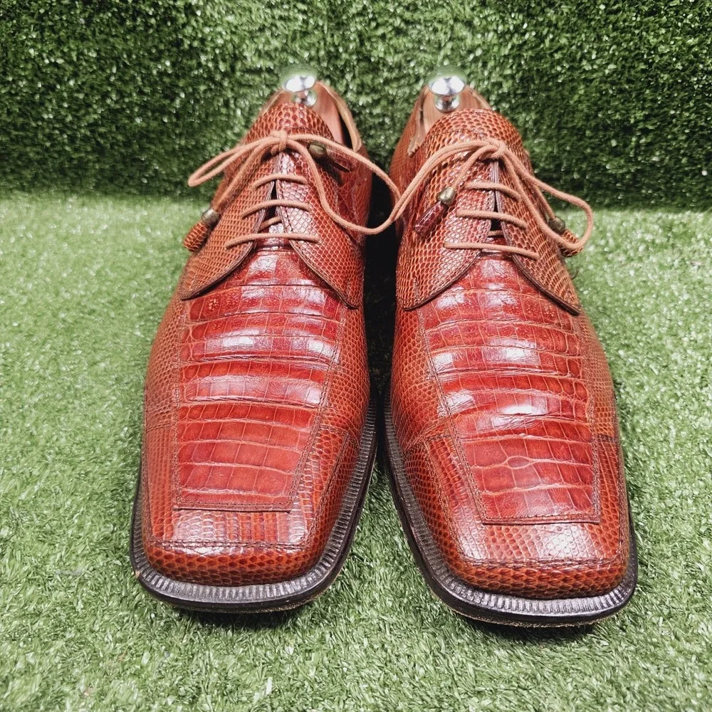 David Eden Genuine Crocodile Square Toe Brown Leather Oxford Shoes Mens 13